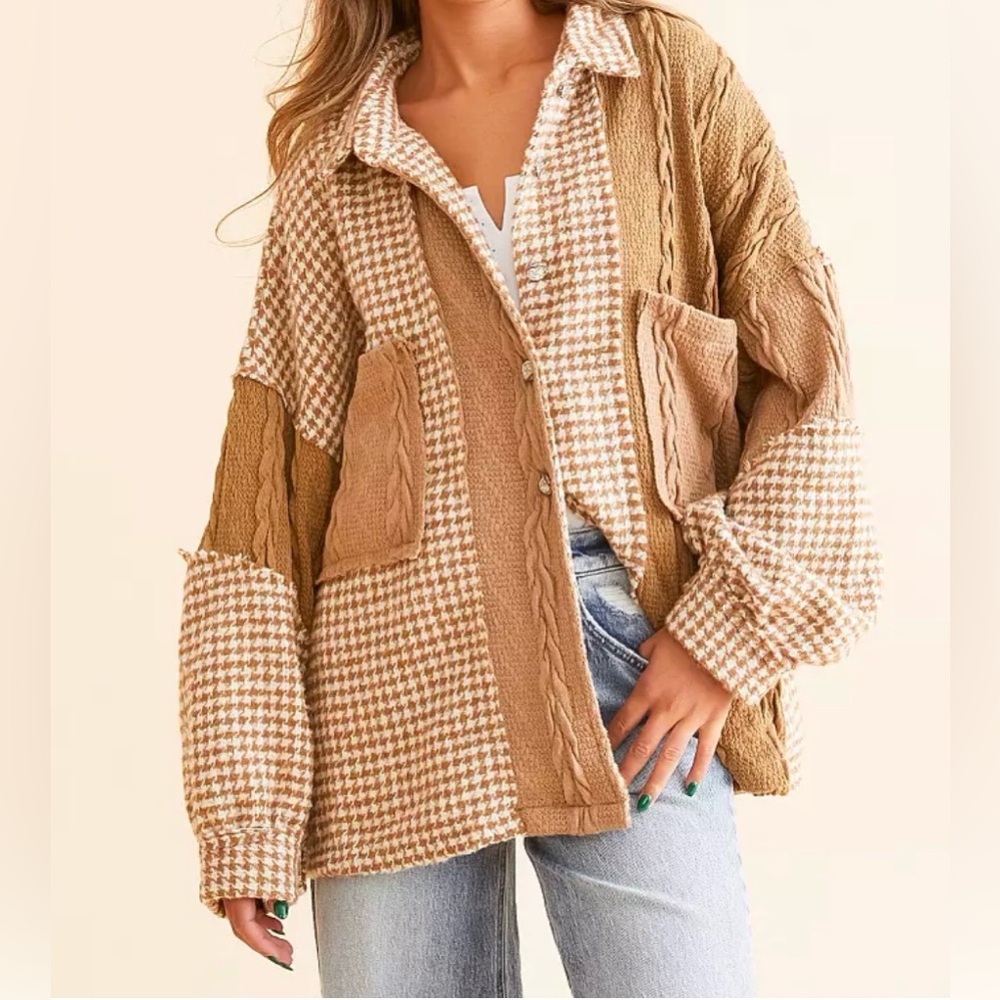 POL Pieced Patchwork Houndstooth Shacket Mocha Mu… - image 8